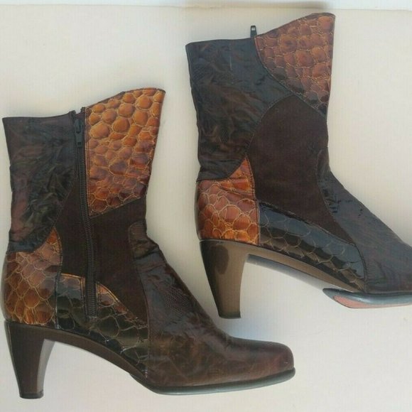 Helle Laine Womens Heels Brown Croc Patch Suede Leather Boots US 8.5-9 M EUR 39 - Picture 9 of 11
